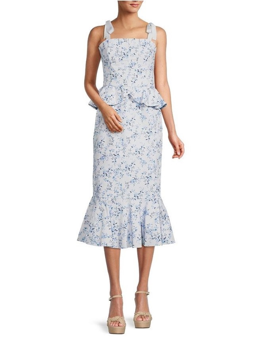 Light Blue Floral Peplum Midi Dress with Tie Straps